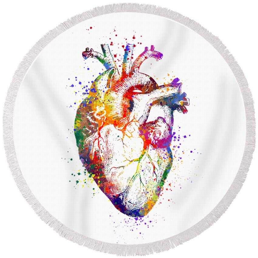 Heart Round Beach Towel featuring the digital art Heart Anatomy Art Colorful Watercolor Art Anatomy Art Anatomical Heart Surgery Gift Medical Art by White Lotus