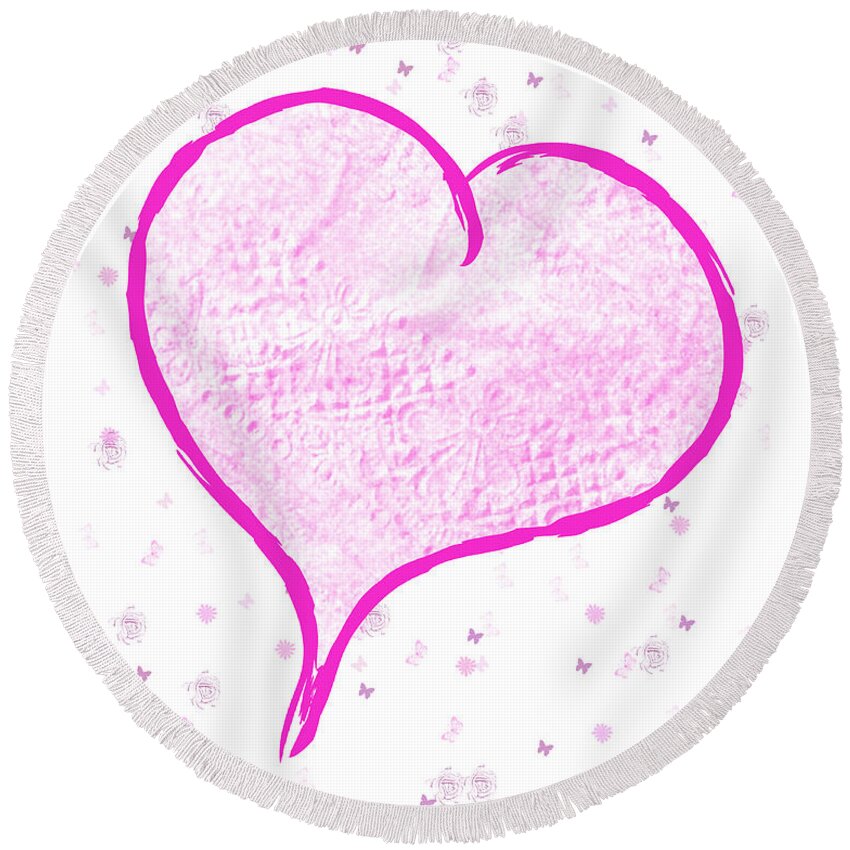 Pink Round Beach Towel featuring the mixed media Heart for Mom by Moira Law