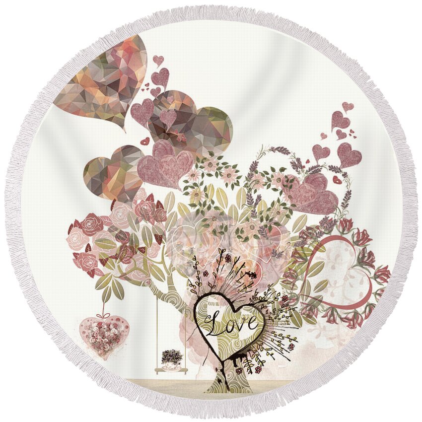 Hearts Round Beach Towel featuring the digital art Heart Love Tree Cottage Hues by Debra and Dave Vanderlaan