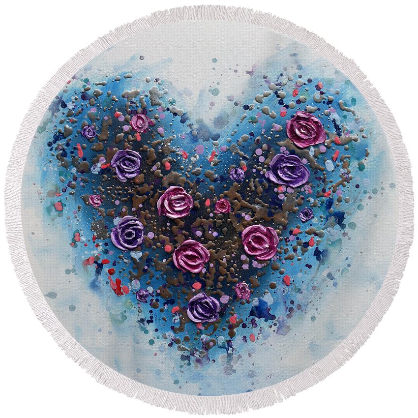 Heart Round Beach Towel featuring the painting Heart of Roses by Amanda Dagg
