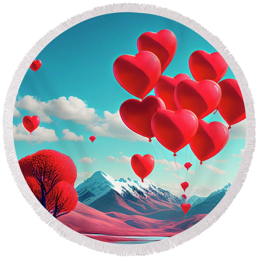 Heart Round Beach Towel featuring the digital art Heart shape balloons flying in the sky by Jelena Jovanovic