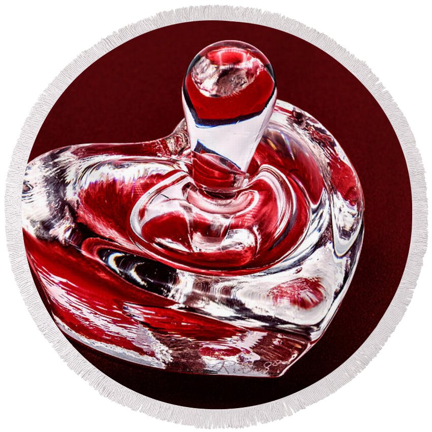 Bottle Round Beach Towel featuring the photograph Heart Shaped Glass Perfume Bottle - Red by Stuart Litoff