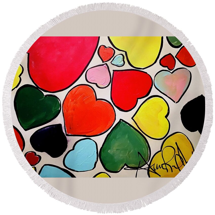  Round Beach Towel featuring the painting Hearts by Angie ONeal