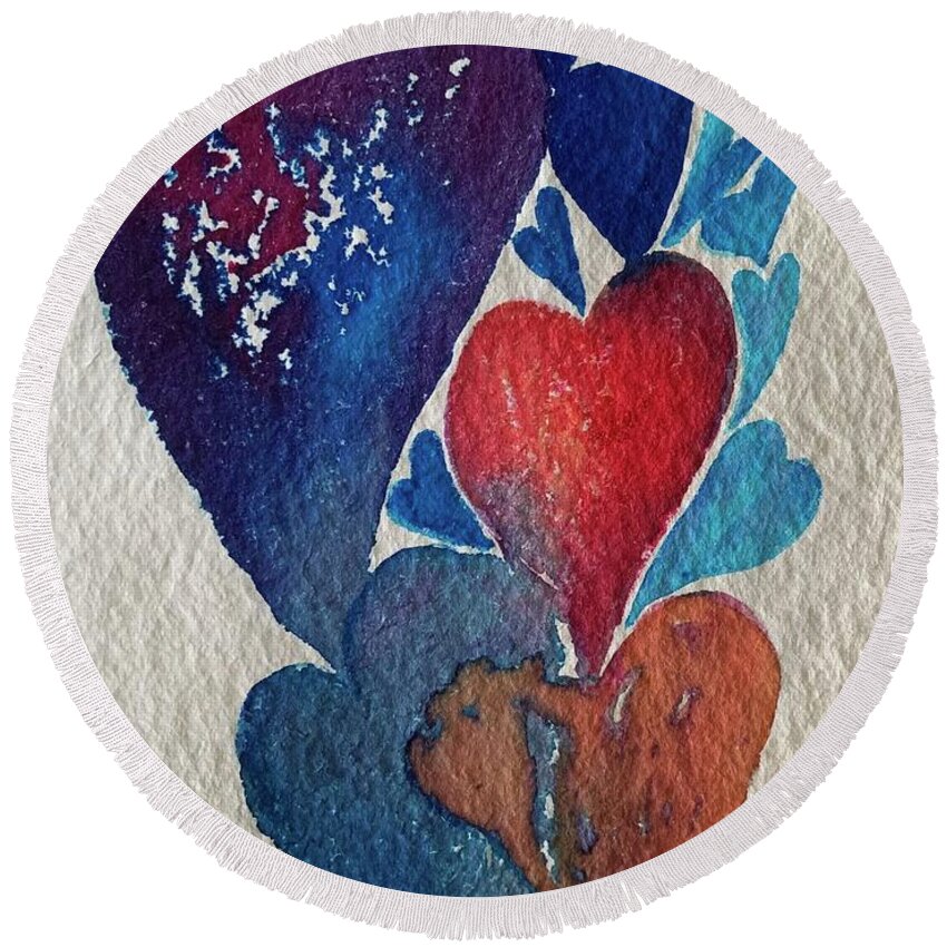 Vibrant Round Beach Towel featuring the painting Hearts Bubbling by Sandy Rakowitz
