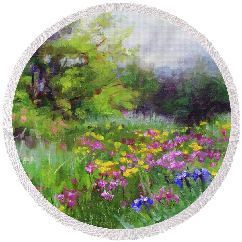 Flower Round Beach Towel featuring the painting Heaven Can Wait by Talya Johnson