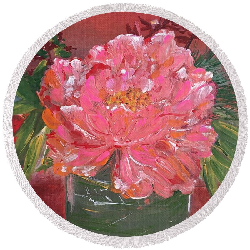 Flowers Peony Still Life Floral Petals Botanical Round Beach Towel featuring the painting Heavenly Peony by Debora Sanders