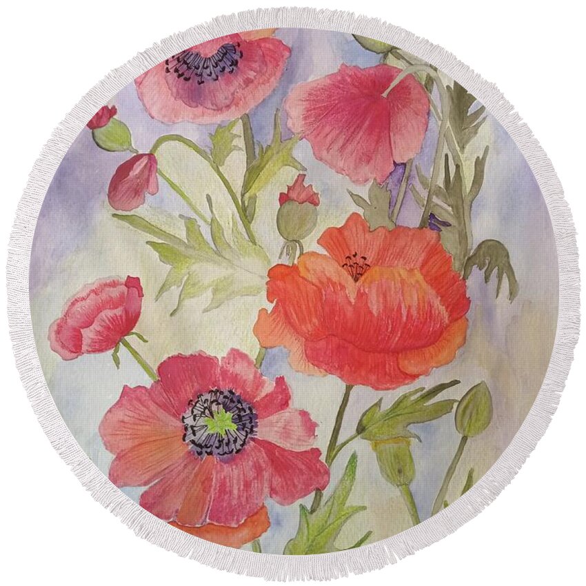 Poppies Round Beach Towel featuring the painting Heavenly Poppies by Maria Urso
