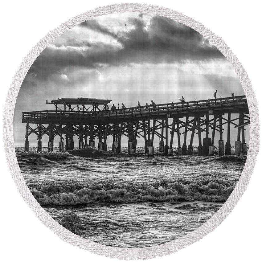 Cocoa Beach Round Beach Towel featuring the photograph Heavenly Sunrise Grayscale by Jennifer White