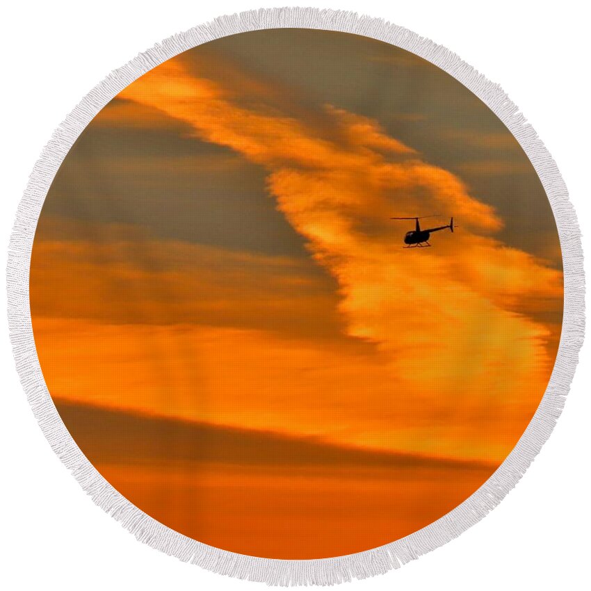 Helicopter Round Beach Towel featuring the photograph Helicopter Approaching at Sunset by Linda Stern