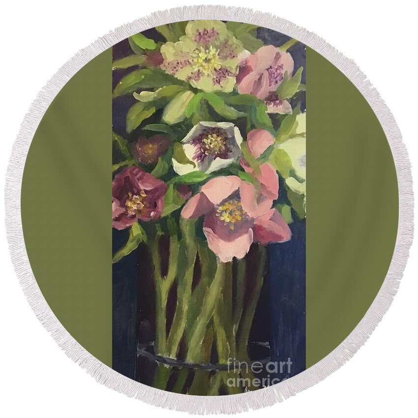 Hellebore Round Beach Towel featuring the painting Hellebores by Anne Marie Brown
