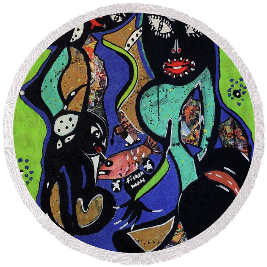 Soweto Round Beach Towel featuring the painting Hello There by Nkuly Sibeko