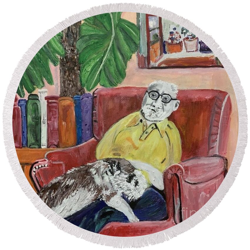 Acrylic Canvas Round Beach Towel featuring the painting Henri Matisse and his Bichon Havanais by Denise Morgan