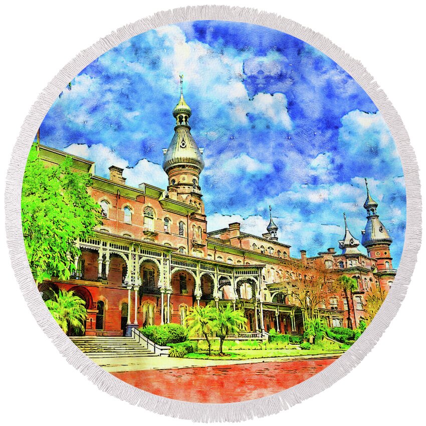 Henry B. Plant Museum Round Beach Towel featuring the digital art Henry B. Plant Museum in Tampa, Florida - pen and watercolor by Nicko Prints