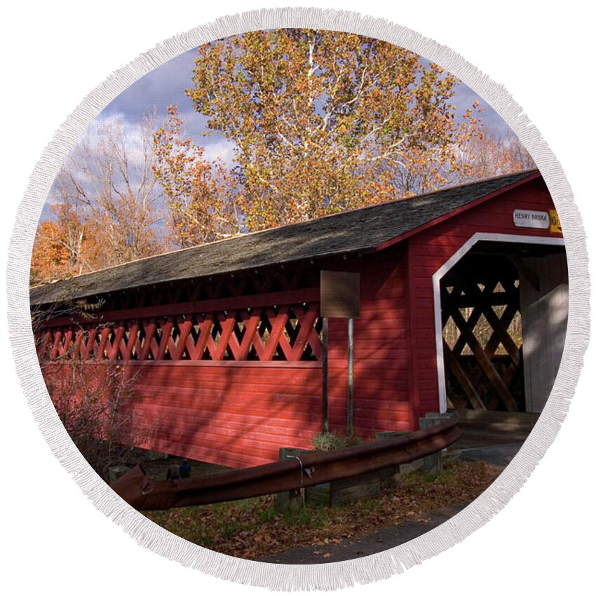 Covered Bridge Round Beach Towel featuring the photograph Henry Bridge by Norman Reid