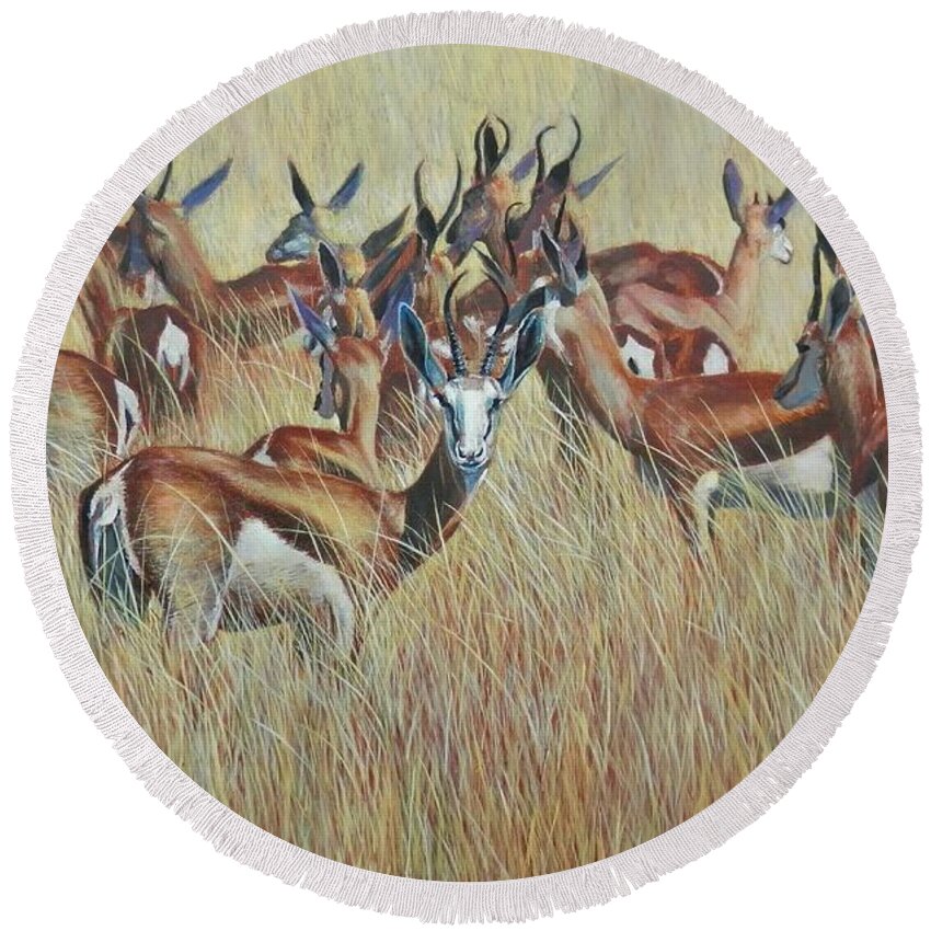 Springbok Round Beach Towel featuring the painting Herd of Springbok by John Neeve