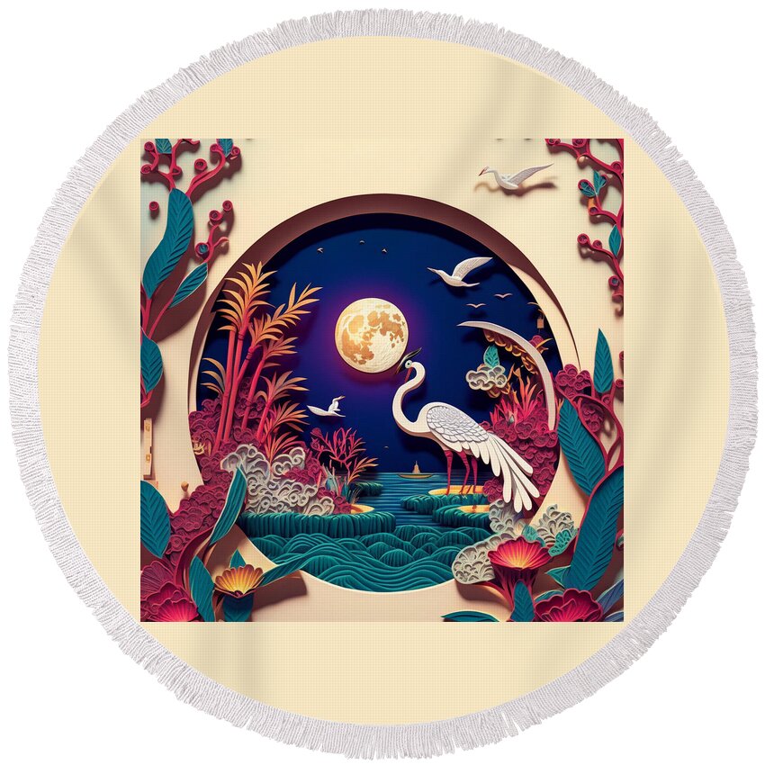 Paper Craft Round Beach Towel featuring the mixed media Heron II by Jay Schankman