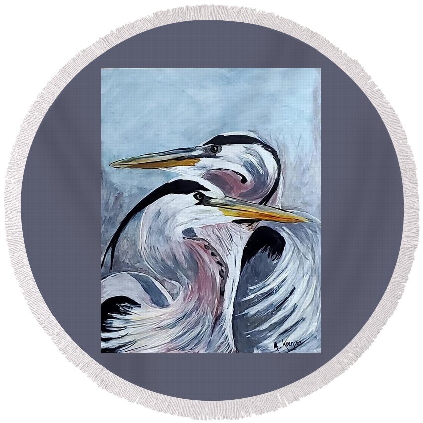  Round Beach Towel featuring the painting Heron Pair by Amy Kuenzie
