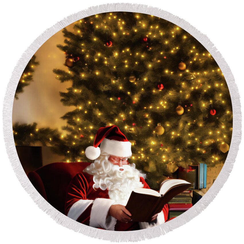 Santa Claus Round Beach Towel featuring the digital art He's reading to us by Andreas Thust