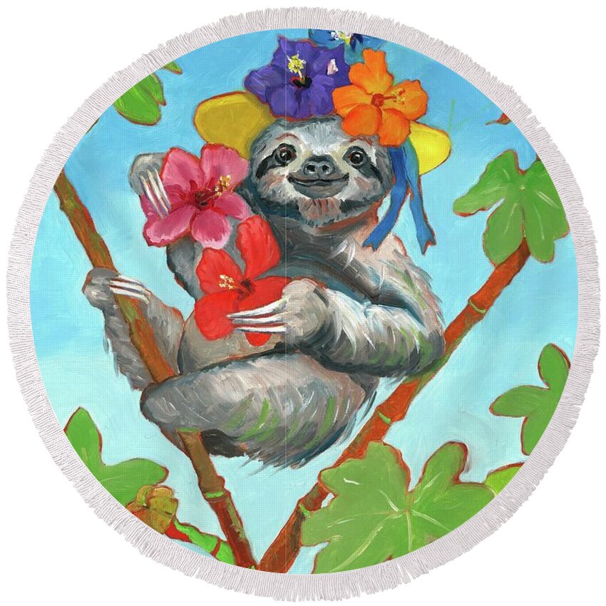 Sloths Round Beach Towel featuring the painting Hibiscus Sloth by Susan Thomas