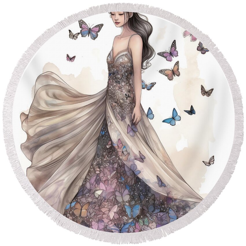 Butterfly fantasy portrait butterflies dress fashion watercolor asian japanese digitalart conceptart color colorful Round Beach Towel featuring the digital art Hidden by David April