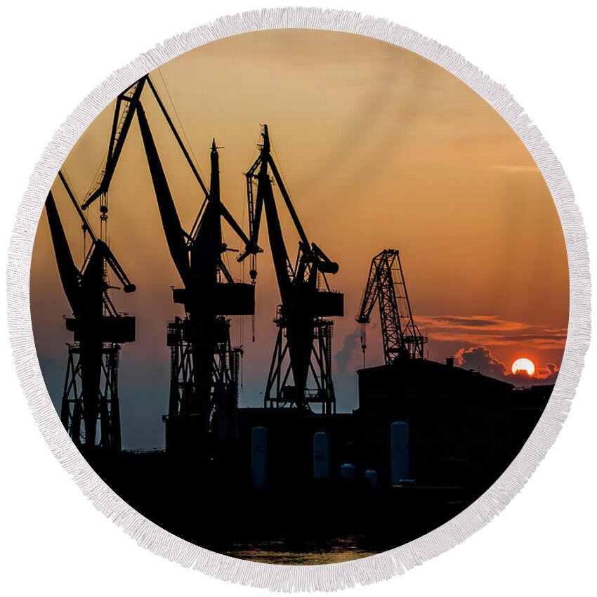 Building Round Beach Towel featuring the photograph High Cranes At Sunset In Harbor Docks Of Pula Croatia by Andreas Berthold