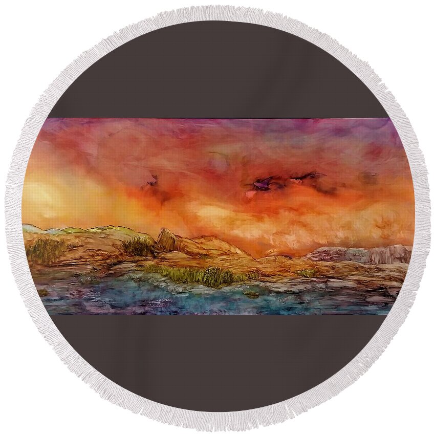Storm Round Beach Towel featuring the painting High Desert Storm by Angela Marinari