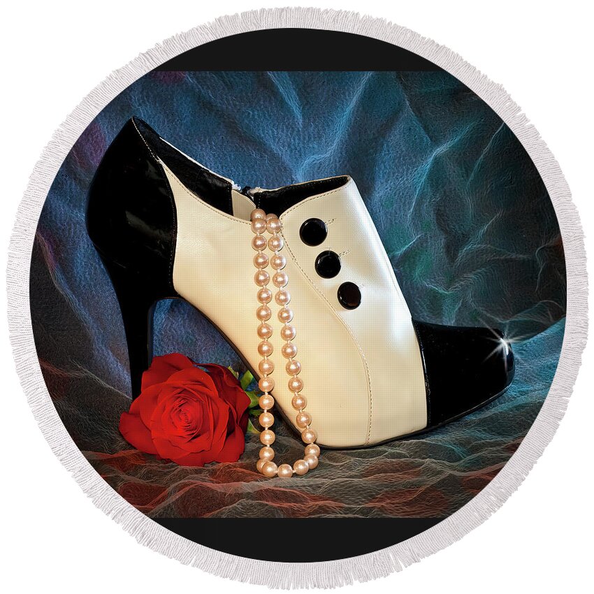 Shoe Round Beach Towel featuring the photograph High Heel Spat Bootie Shoe by Patti Deters