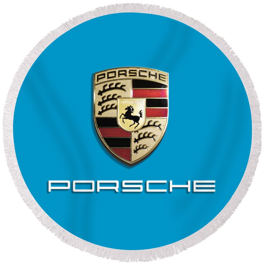 Porsche Logo Round Beach Towel featuring the digital art High Res Quality Porsche Logo - Hood Emblem Isolated on Colorful Background by Stefano Senise