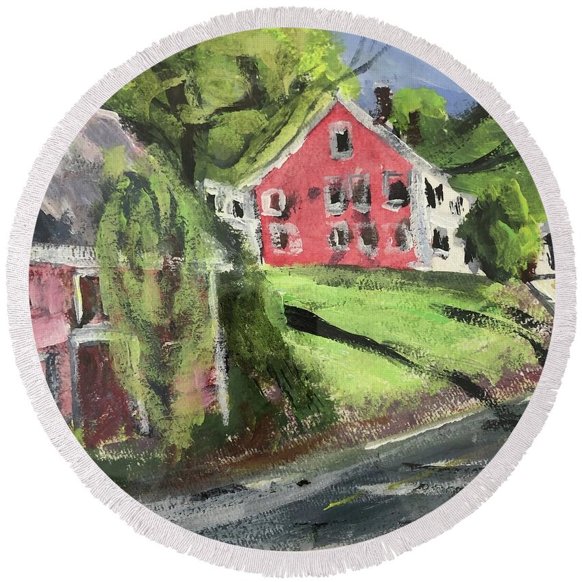 New England Round Beach Towel featuring the painting High Street by Cyndie Katz