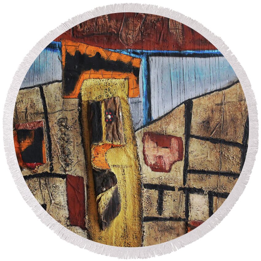African Art Round Beach Towel featuring the painting High Tower by Michael Nene