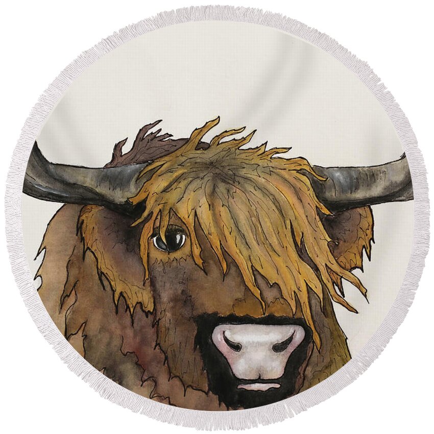 Cow Round Beach Towel featuring the painting Highland Cow by Shirley Dutchkowski