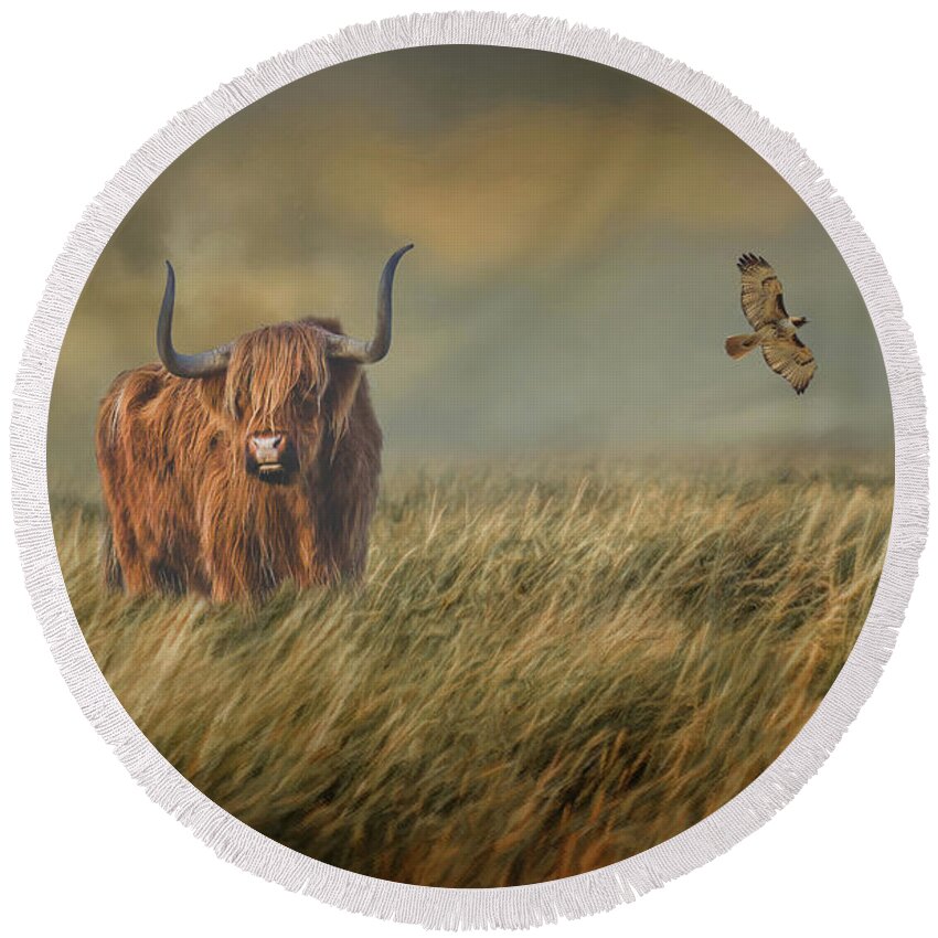 Highland Cow Round Beach Towel featuring the mixed media Highland Cow with Hawk by Kathy Kelly