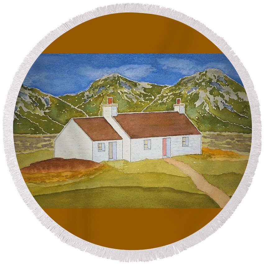Watercolor Round Beach Towel featuring the painting Highland Home by John Klobucher