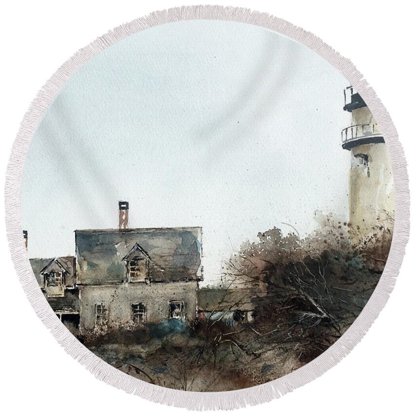 The Highland Lighthouse On The Coast Of Cape Cod Round Beach Towel featuring the painting Highland Lighthouse by Monte Toon