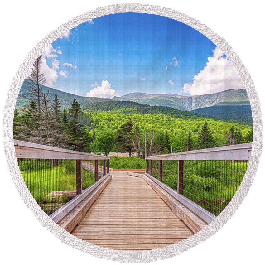 Activity Round Beach Towel featuring the photograph Hiking Trail in Front of Mount Washington - Panorama by Mike Whalen