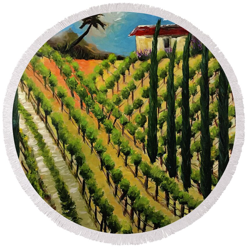 Temecula Round Beach Towel featuring the painting Hillside Vines Temecula by Roxy Rich