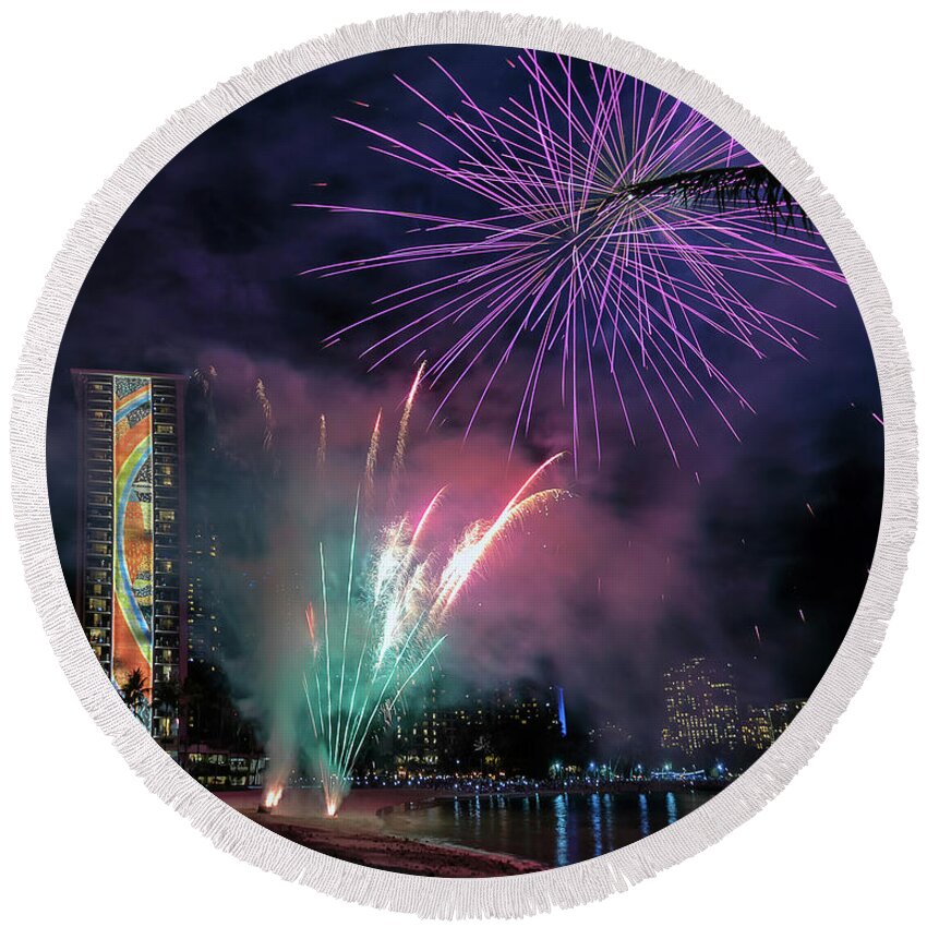 Fireworks Round Beach Towel featuring the photograph Hilton Firework Celebration by American Landscapes