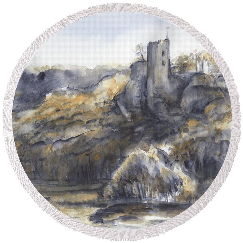 Castle Round Beach Towel featuring the painting Historic castle in the middle of the magic forest by Adriana Mueller