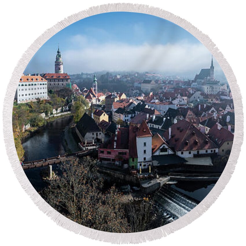 Czech Republic Round Beach Towel featuring the photograph Historic City Of Cesky Krumlov In The Czech Republic In Europe by Andreas Berthold
