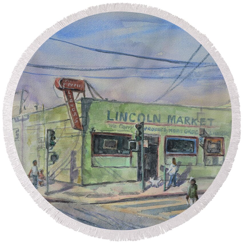 Historic Round Beach Towel featuring the painting Historic Lincoln Market Alameda by Xueling Zou