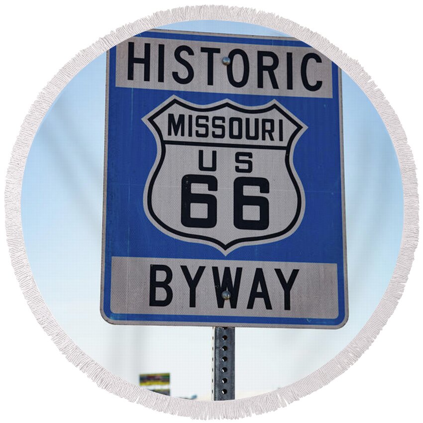 Historic Route 66 Missouri Sign Round Beach Towel featuring the photograph Historic Route 66 Missouri Byway road sign by Eldon McGraw