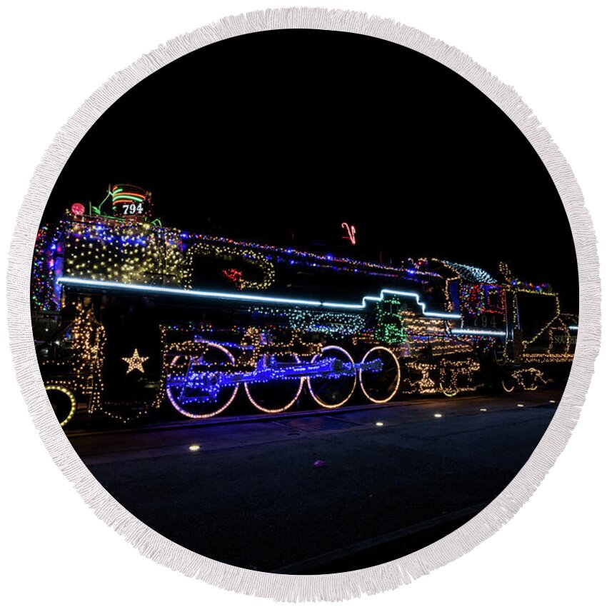 Christmas Lights Round Beach Towel featuring the photograph Historic Southern Pacific Locomotive No. 794 adorned with Christ by Travel Quest Photography