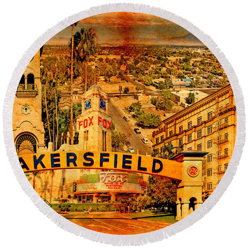Bakersfield Round Beach Towel featuring the digital art Historical buildings of Bakersfield, California, blended on old paper by Nicko Prints