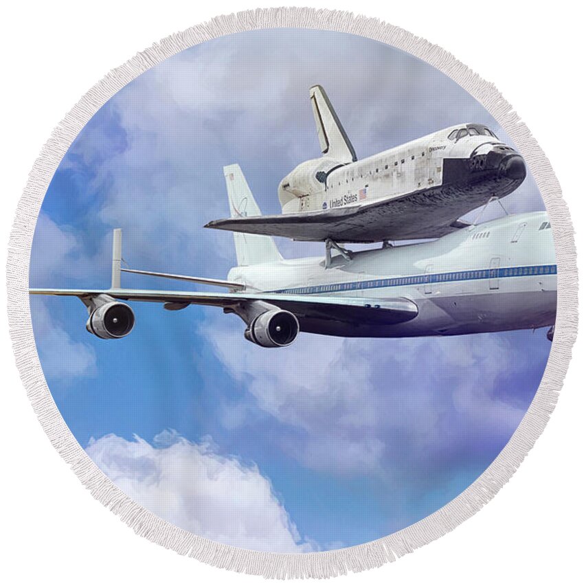Shuttle Carrier Aircraft Round Beach Towel featuring the digital art Hitching A Ride by Peter Chilelli