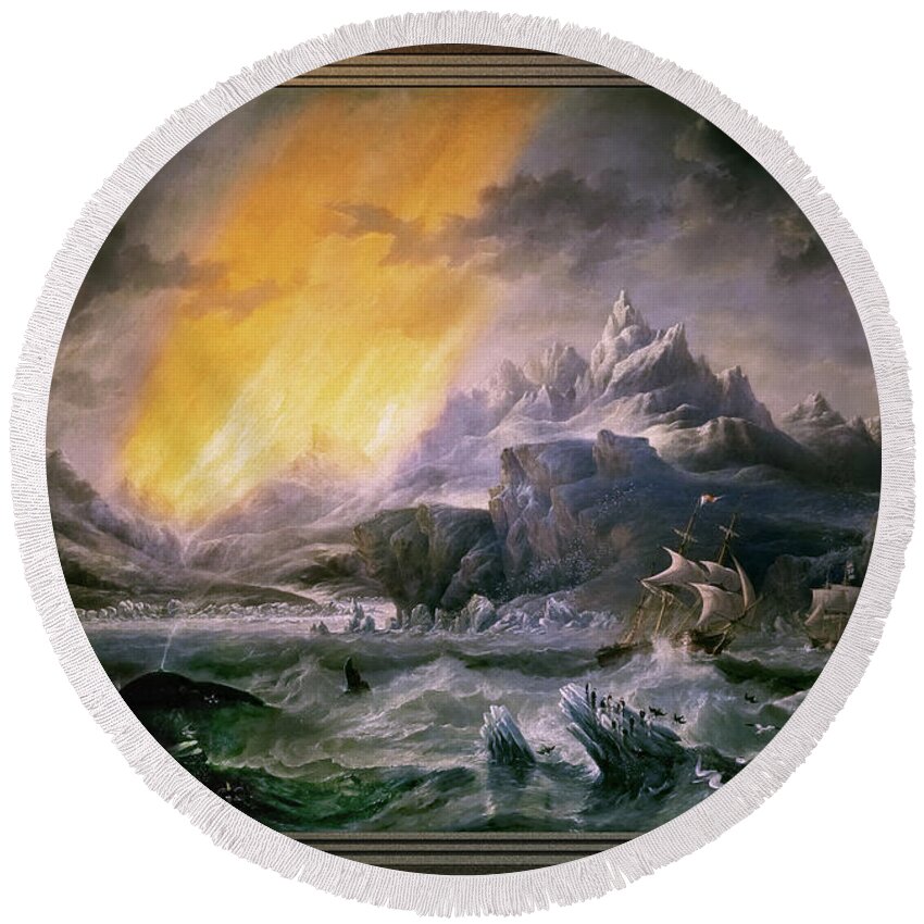 Hms Erebus Round Beach Towel featuring the painting HMS Erebus and Terror in the Antarctic by James Wilson Carmichael by Rolando Burbon
