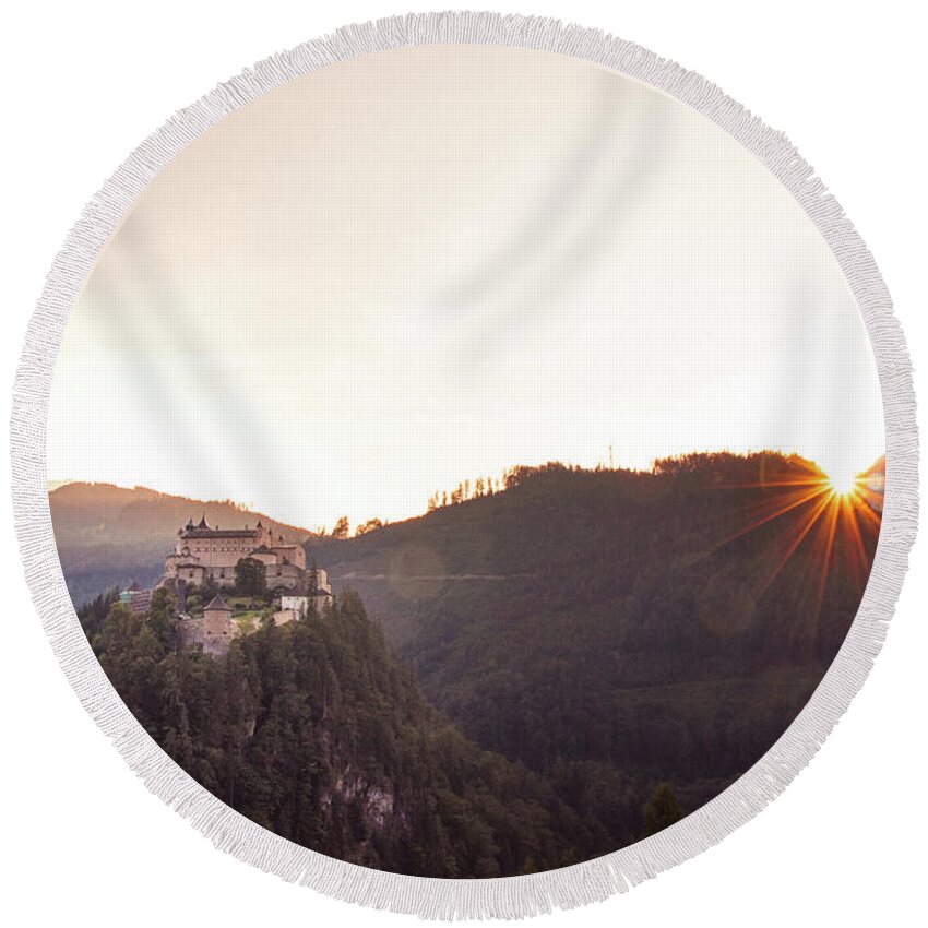 Reconstruction Round Beach Towel featuring the photograph Hohenwerfen Castle at sunset by Vaclav Sonnek