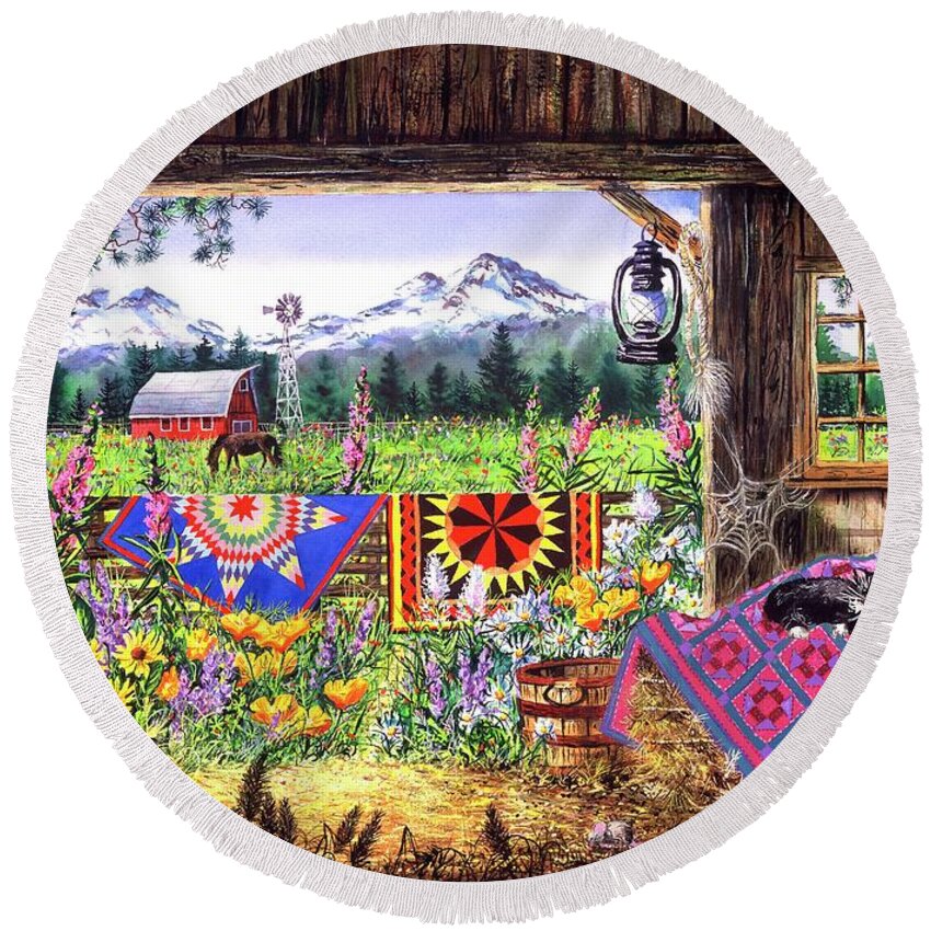 Barn Round Beach Towel featuring the painting Hole in the Barn Door by Diane Phalen