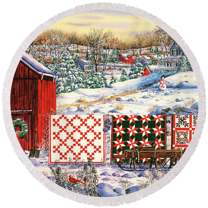 Red Barn Round Beach Towel featuring the painting Holiday Airing by Diane Phalen
