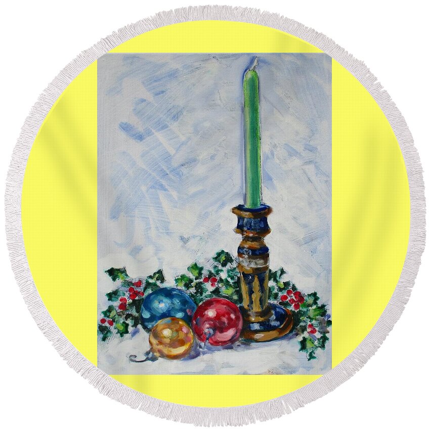 Candle Round Beach Towel featuring the painting Holiday Candle with Ornaments and Holly by Thomas Dans