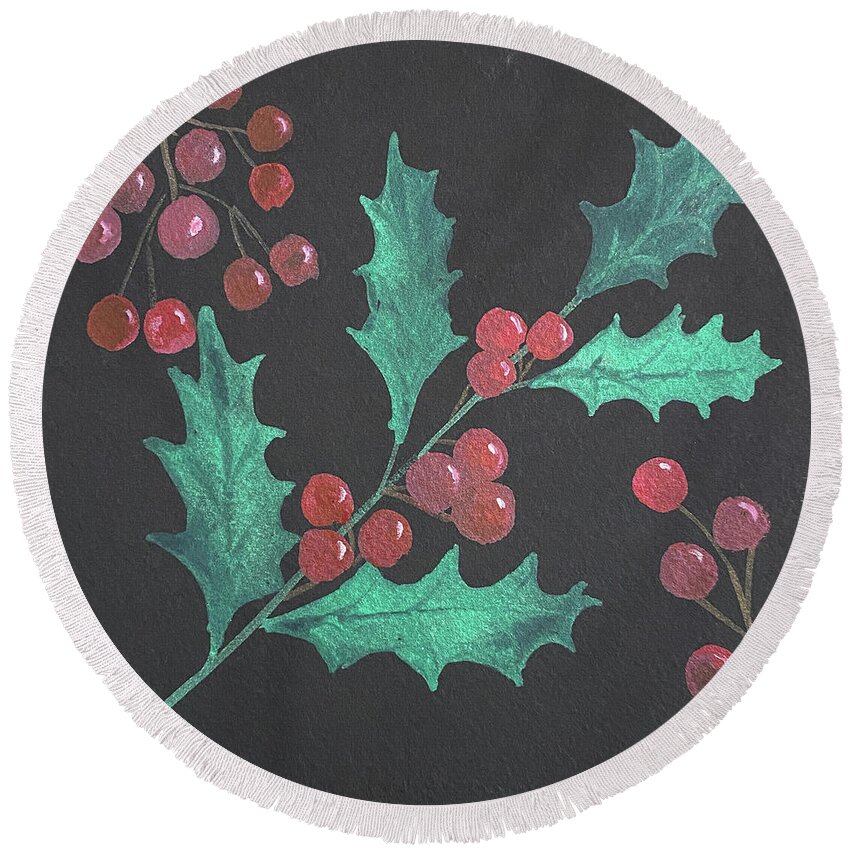 Holly Round Beach Towel featuring the painting Holly and Berries by Lisa Neuman